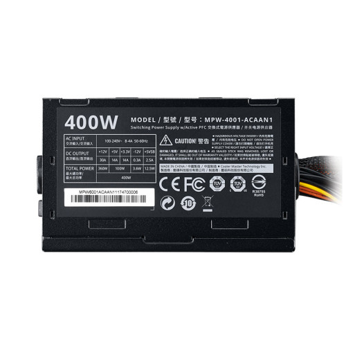 منبع تغذیه کامپیوتر کولر مستر Elite 400W - V3 یک فن 120 میلی متری دارد و برای راه اندازی کامپیوتر خانگی و اداری مناسب است.