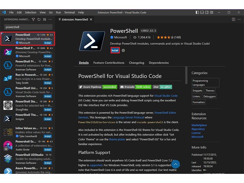 نصب افزونه پاورشل در VSCode