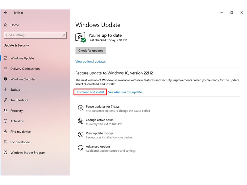 نصب آپدیت 2022 ویندوز 10 از طریق Windows Update