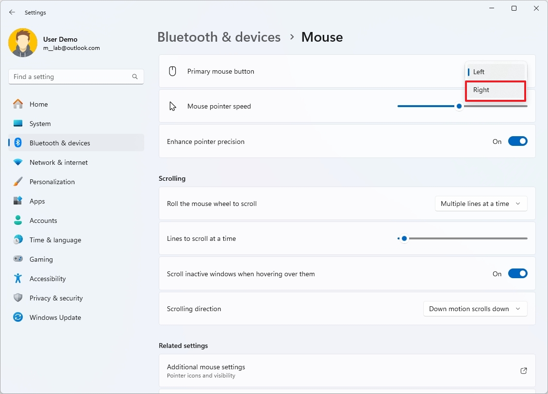 تنظیم ماوس برای چپ دست ها از طریق بخش Settings