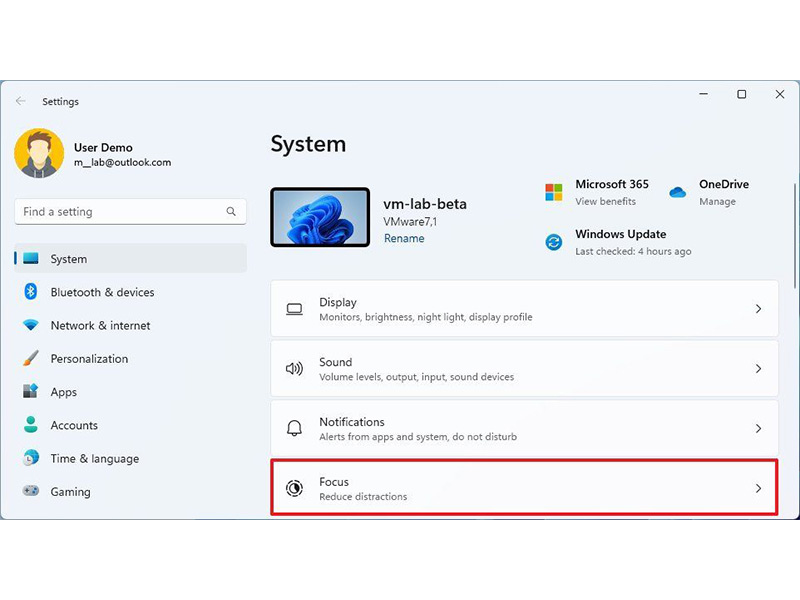 فعال کردن Focus از بخش Settings سیستم