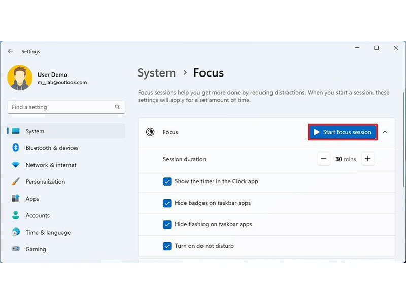 فعال کردن Focus از بخش Settings سیستم