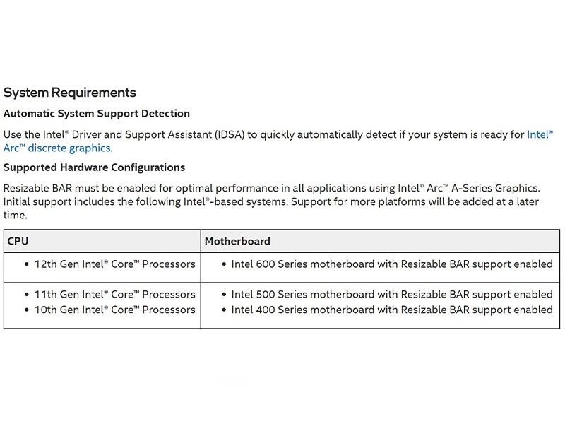 کارت گرافیک های دسکتاپ Arc اینتل فقط با پردازنده های نسل 10 به بالا سازگار خواهند بود