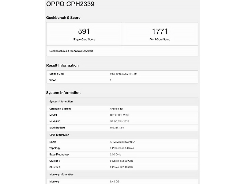 گوشی Oppo A77 5G با تراشه Dimensity 810 و سیستم عامل اندروید 12 در گیک بنچ مشاهده شد